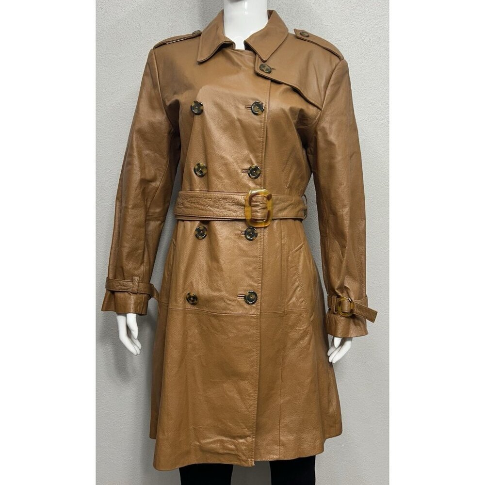 Vintage Jerry Lewis Women's Leather Coat Medium Brown Belted Double Breasted